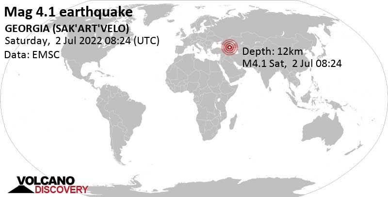 Moderate mag. 4.1 earthquake - 54 km east of Telavi, Kakheti, Georgia, on Saturday, Jul 2, 2022 at 11:24 am (GMT +3)