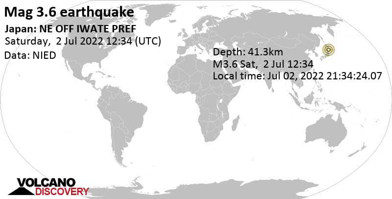 Слабое землетрясение маг. 3.6 - North Pacific Ocean, 62 km к востоку от Hachinohe, Япония, Суббота,  2 июл 2022 21:34 (GMT +9)