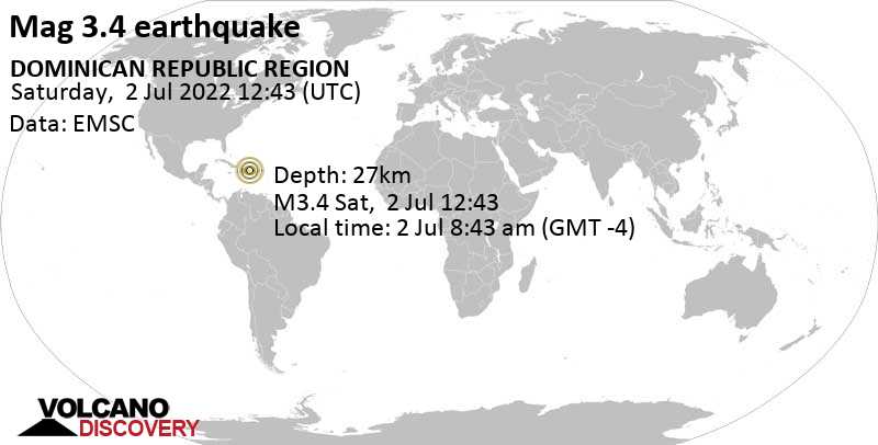 Weak mag. 3.4 earthquake - North Atlantic Ocean, 37 km northeast of Hato Mayor del Rey, Dominican Republic, on Saturday, Jul 2, 2022 at 8:43 am (GMT -4)