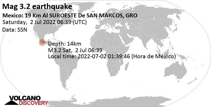 Terremoto leve mag. 3.2 - North Pacific Ocean, 19 km SSW of San Marcos, Guerrero, Mexico, sábado,  2 jul 2022 01:39 (GMT -5)