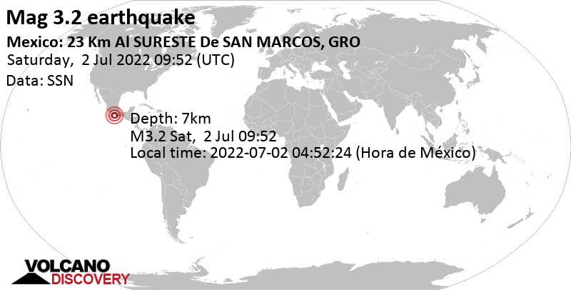 Light mag. 3.2 earthquake - North Pacific Ocean, 21 km southwest of Florencio Villarreal, Guerrero, Mexico, on Saturday, Jul 2, 2022 at 4:52 am (GMT -5)