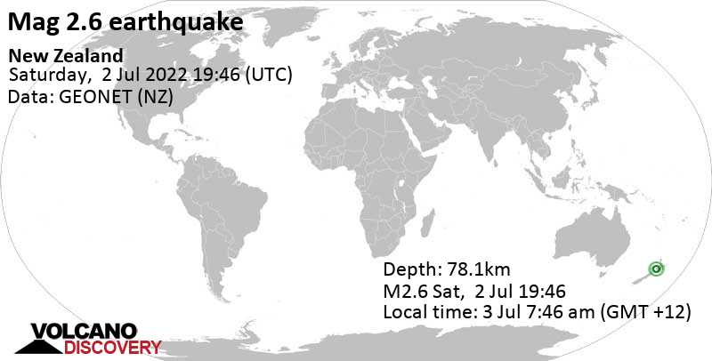 Sehr schwaches Beben Stärke 2.6 - 11 km östlich von Hawera, South-Taranaki-Distrikt, Neuseeland, am Sonntag,  3. Jul 2022 um 07:46 Lokalzeit