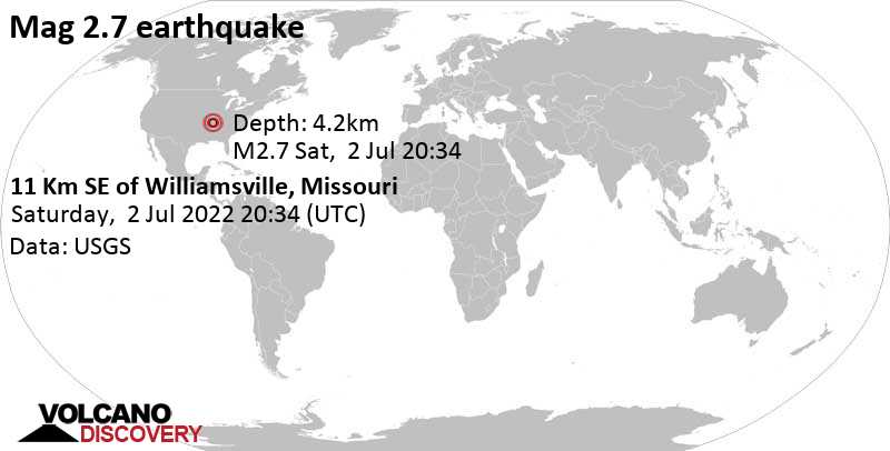 Weak mag. 2.7 earthquake - 10.3 mi northwest of Poplar Bluff, Butler County, Missouri, USA, on Saturday, Jul 2, 2022 at 3:34 pm (GMT -5)