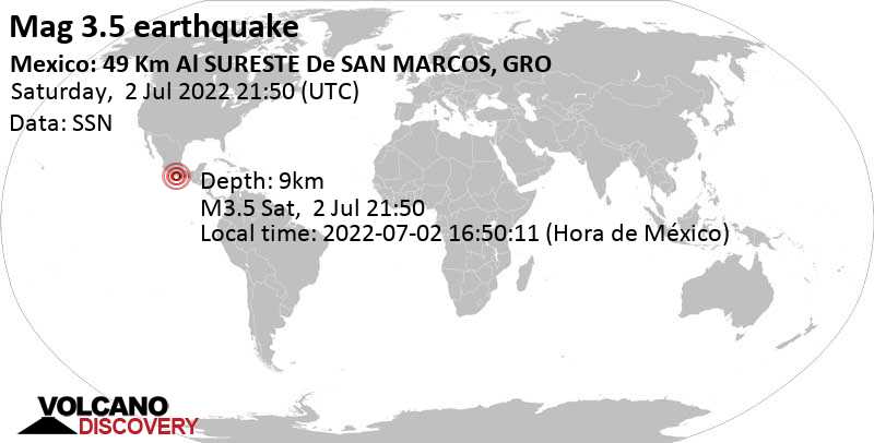 Séisme faible mag. 3.5 - Océan Pacifique Nord, 17 km au sud-ouest de Copala, Guerrero, Mexique, samedi, 2 juil. 2022 16:50 (GMT -5)