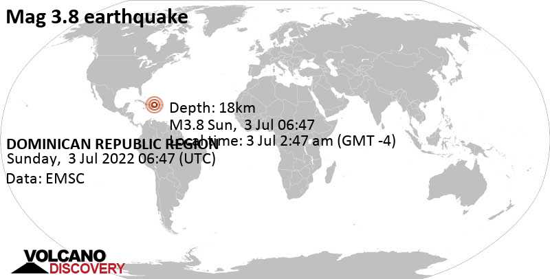 Light mag. 3.8 earthquake - North Atlantic Ocean, 34 km northeast of Puerto Plata, Dominican Republic, on Sunday, Jul 3, 2022 at 2:47 am (GMT -4)