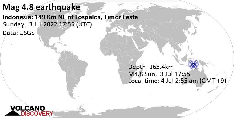 Leichtes Erdbeben der Stärke 4.8 - Banda Sea, 275 km nordöstlich von Dili, Aveiro, Dili, Timor-Leste, am Montag,  4. Jul 2022 um 02:55 Lokalzeit