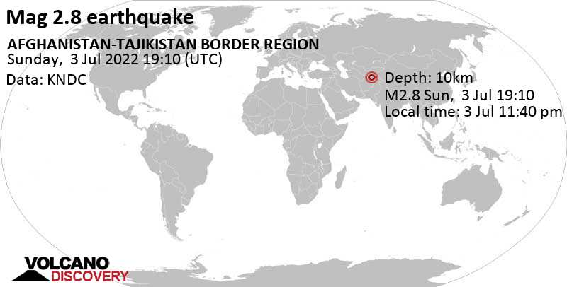 Schwaches Erdbeben Stärke 2.8 - 13 km südwestlich von Rustāq, Rustaq, Takhar, Afghanistan, am Sonntag,  3. Jul 2022 um 23:40 Lokalzeit