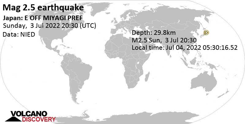 Minor mag. 2.5 earthquake - North Pacific Ocean, 79 km east of Ishinomaki, Honshu-miyagi-ken, Japan, on Monday, Jul 4, 2022 at 5:30 am (GMT +9)