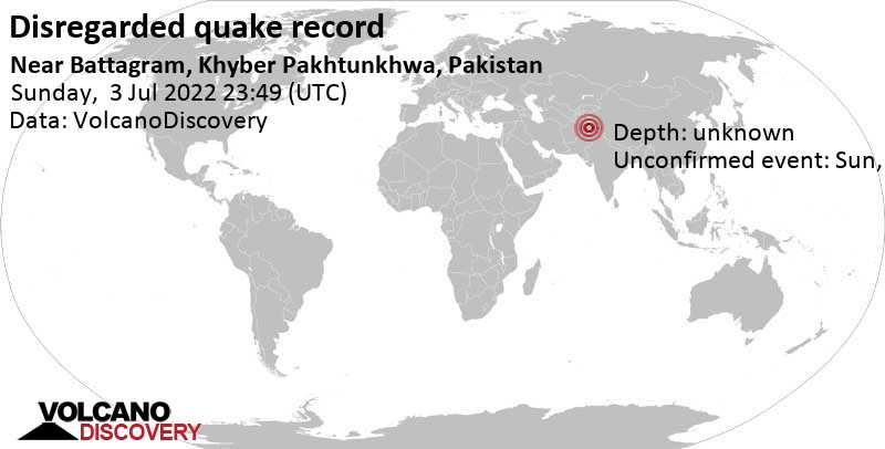 Reported seismic-like event (likely no quake): 32 km northwest of Battagram, Khyber Pakhtunkhwa, Pakistan, Monday, Jul 4, 2022 at 4:49 am (GMT +5)