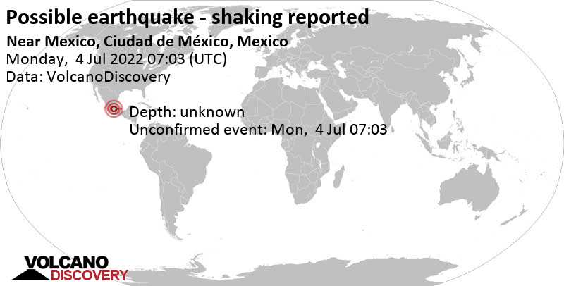 Sismo o evento simile a un terremoto segnalato: Cuauhtémoc Borough, 3.7 km a ovest da Città del Messico, Mexico City, Messico, lunedì,  4 lug 2022 02:03 (GMT -5)