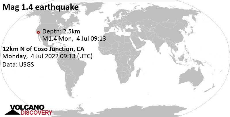 Незначительное землетрясение маг. 1.4 - 12km N of Coso Junction, CA, Понедельник,  4 июл 2022 02:13 (GMT -7)