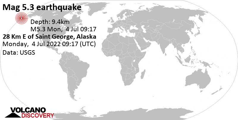 Сильное землетрясение магнитудой 5.3 - Берингово море, 28 km к востоку от Saint George, Aleutians West, Аляска, Соединенные Штаты, Понедельник,  4 июл 2022 01:17 (GMT -8)