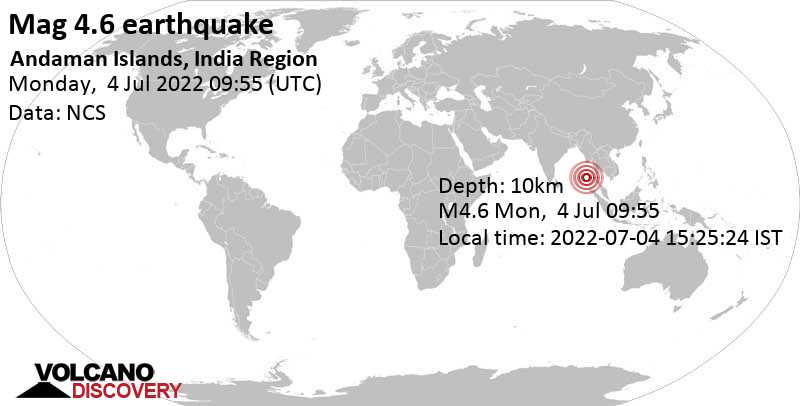 Moderates Erdbeben der Stärke 4.6 - Andaman Sea, 207 km südöstlich von Port Blair, Indien, am Montag,  4. Jul 2022 um 15:25 Lokalzeit