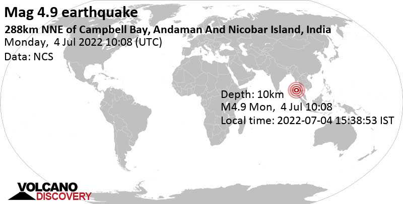 Moderates Erdbeben der Stärke 4.9 - Andaman Sea, Indien, am Montag,  4. Jul 2022 um 16:08 Lokalzeit