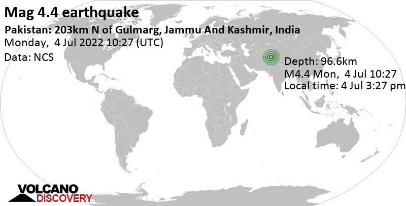 Leichtes Erdbeben der Stärke 4.4 - 19 km westlich von Gilgit, Pakistan, am Montag, 4. Jul 2022 um 15:27 Lokalzeit