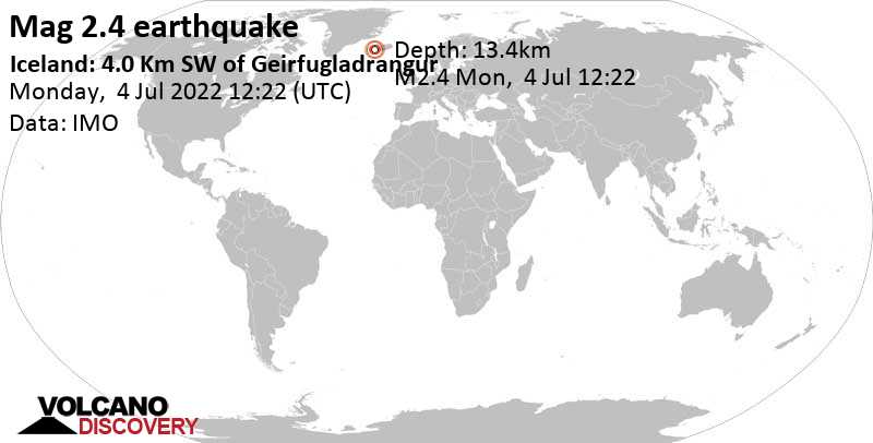 Schwaches Erdbeben Stärke 2.4 - Iceland: 4.0 Km SW of Geirfugladrangur, am Montag, 4. Jul 2022 um 12:22 Lokalzeit