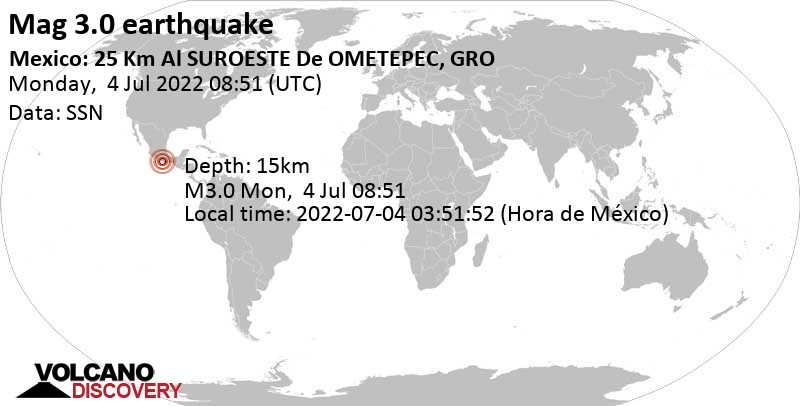 Sismo debile mag. 3.0 - 26 km a sud ovest da Ometepec, Guerrero, Messico, lunedì,  4 lug 2022 03:51 (GMT -5)