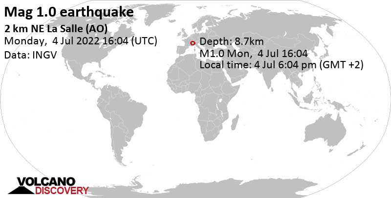Sehr schwaches Beben Stärke 1.0 - Italy: 2 Km NE La Salle (AO), am Montag, 4. Jul 2022 um 18:04 Lokalzeit