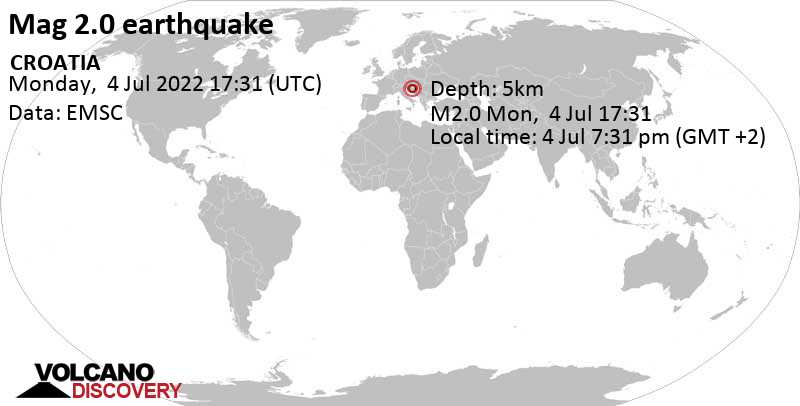 Αδύναμος σεισμός μεγέθους 2.0 - Sisak-Moslavina, 43 km νότια από Ζάγκρεμπ, Κροατία, Δευτέρα,  4 Ιου 2022 19:31 (GMT +2)