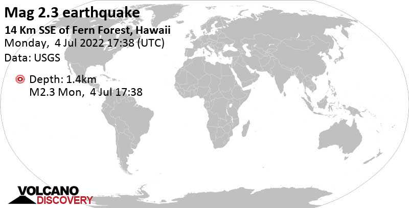 Schwaches Erdbeben Stärke 2.3 - 14 Km SSE of Fern Forest, Hawaii, am Montag,  4. Jul 2022 um 07:38 Lokalzeit