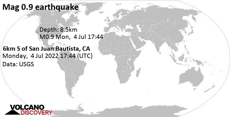 Minor mag. 0.9 earthquake - 6km S of San Juan Bautista, CA, on Monday, Jul 4, 2022 at 10:44 am (GMT -7)