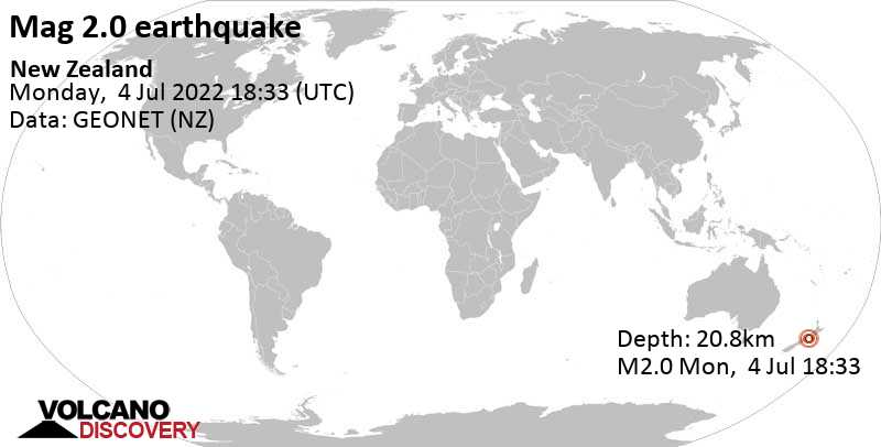 Minor mag. 2.0 earthquake - Tasman Sea, 34 km southwest of Wellington, New Zealand, on Tuesday, Jul 5, 2022 at 6:33 am (GMT +12)