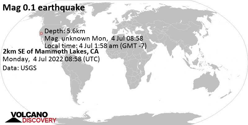 Minor mag. 0.1 earthquake - 2km SE of Mammoth Lakes, CA, on Monday, Jul 4, 2022 at 1:58 am (GMT -7)