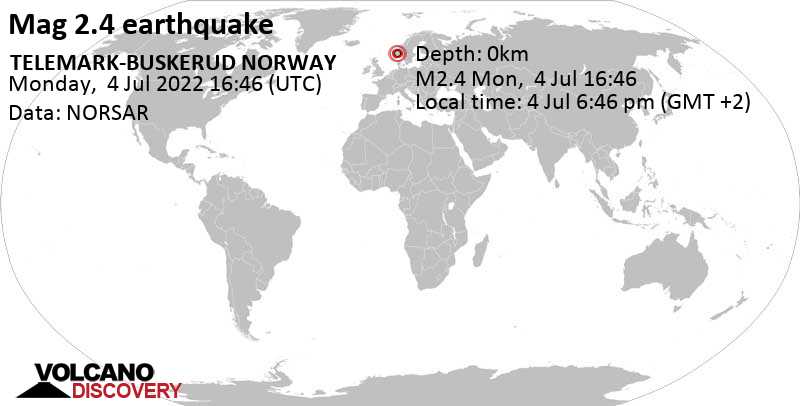 Αδύναμος σεισμός μεγέθους 2.4 - Vestfold og Telemark, 94 km βορειοδυτικά από Kongsberg, Νορβηγία, Δευτέρα,  4 Ιου 2022 18:46 (GMT +2)