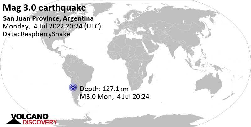 Minor mag. 3.0 earthquake - 23 km west of San José de Jachal, Departamento de Jachal, San Juan, Argentina, on Monday, Jul 4, 2022 at 5:24 pm (GMT -3)