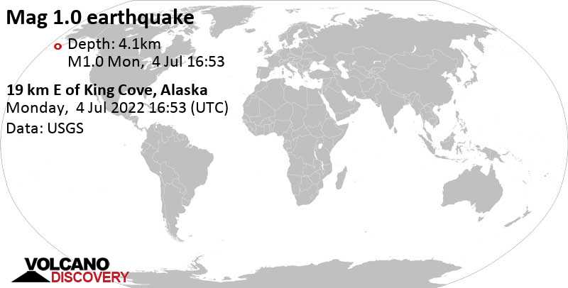 Séisme mineur mag. 0.9 - 19 Km E of King Cove, Alaska, lundi, 4 juil. 2022 08:53 (GMT -8)