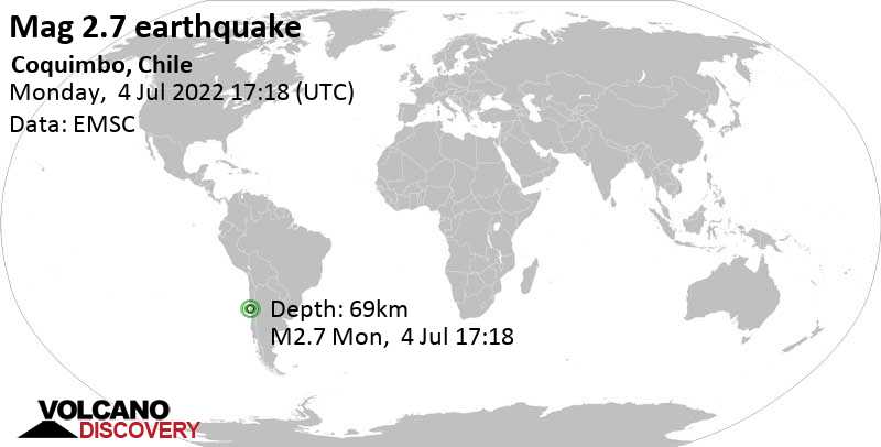Sismo muy débil mag. 2.7 - 41 km SSW of Ovalle, Provincia de Limari, Coquimbo Region, Chile, lunes, 4 jul 2022 13:18 (GMT -4)