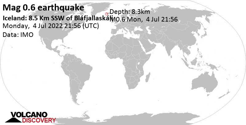 Sismo muy débil mag. 0.6 - Iceland: 8.5 Km SSW of Bláfjallaskáli, lunes, 4 jul 2022 21:56 (GMT +0)