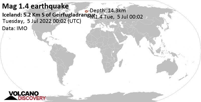 Μικρός σεισμός μεγέθους 1.4 - Iceland: 5.2 Km S of Geirfugladrangur, Τρίτη,  5 Ιου 2022 00:02 (GMT +0)