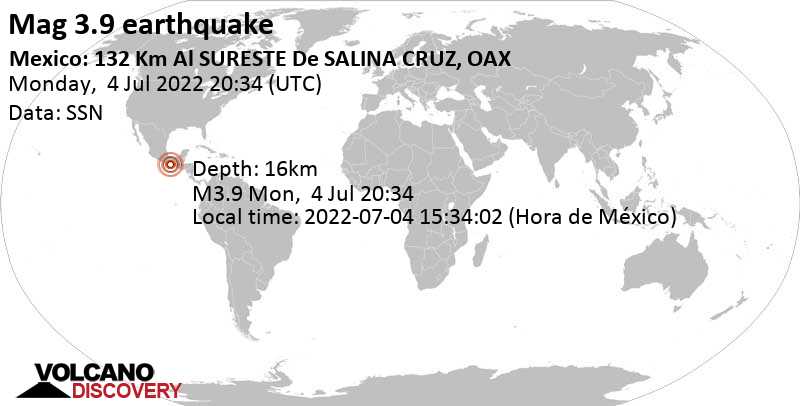 Light mag. 3.9 earthquake - North Pacific Ocean, 131 km southeast of Salina Cruz, Oaxaca, Mexico, on Monday, Jul 4, 2022 at 2:34 pm (GMT -6)