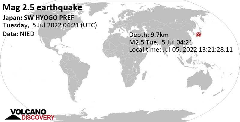 Weak mag. 2.5 earthquake - 9.9 km southwest of Himeji, Hyōgo, Japan, on Tuesday, Jul 5, 2022 at 1:21 pm (GMT +9)