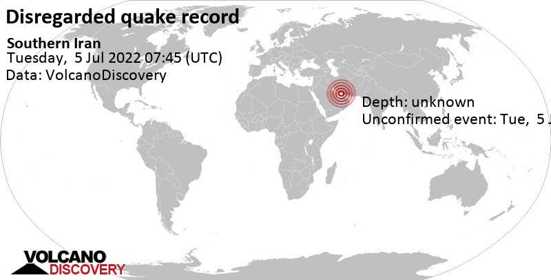 Unbekanntes (usrprünglich als Erdbeben) gemeldetes Ereignis: Hormozgan, 79 km südlich von Gerāsh, Gerash, Fars, Iran, am Dienstag,  5. Jul 2022 um 12:15 Lokalzeit