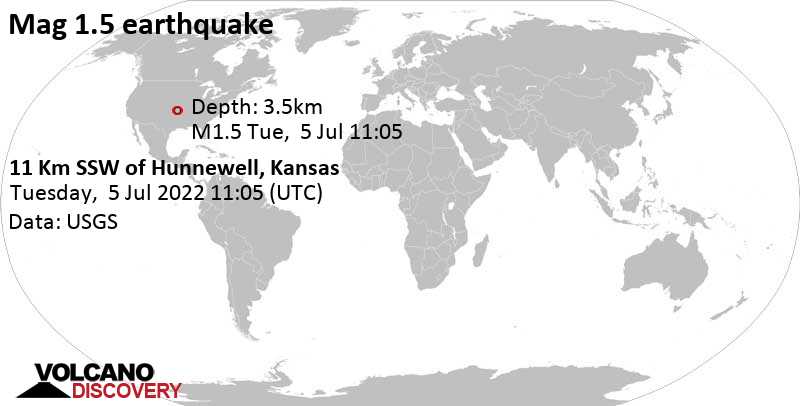 Незначительное землетрясение маг. 1.5 - 11 Km SSW of Hunnewell, Kansas, Вторник,  5 июл 2022 06:05 (GMT -5)