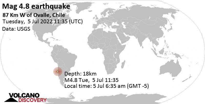 Terremoto moderato mag. 4.8 - South Pacific Ocean, 91 km a sud ovest da Coquimbo, Provincia de Elqui, Coquimbo Region, Cile, martedì,  5 lug 2022 06:35 (GMT -5)