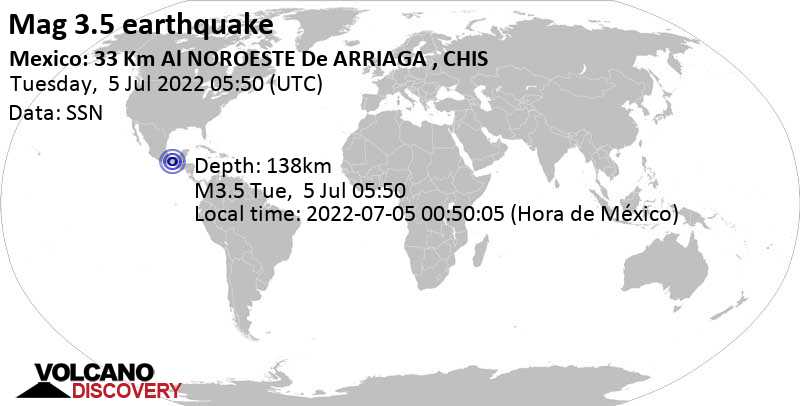 Minor mag. 3.5 earthquake - 40 km southwest of Cintalapa de Figueroa, Chiapas, Mexico, on Tuesday, Jul 5, 2022 at 12:50 am (GMT -5)