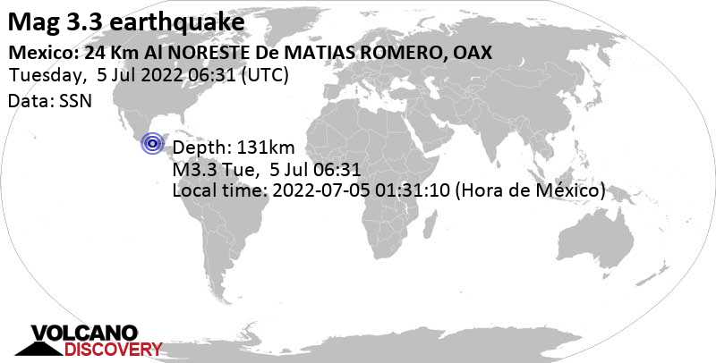 Minor mag. 3.3 earthquake - 23 km north of Matias Romero Avendaño, Oaxaca, Mexico, on Tuesday, Jul 5, 2022 at 1:31 am (GMT -5)