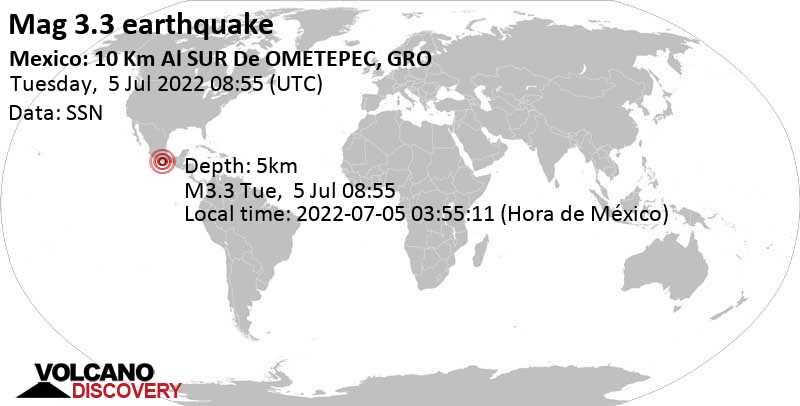 Light mag. 3.3 earthquake - 10.1 km south of Ometepec, Guerrero, Mexico, on Tuesday, Jul 5, 2022 at 3:55 am (GMT -5)