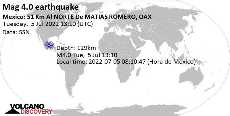 Terremoto leve mag. 4.0 - 50 km N of Matias Romero Avendaño, Oaxaca, Mexico, martes,  5 jul 2022 08:10 (GMT -5)
