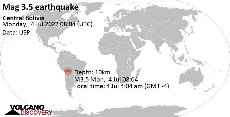 Light mag. 3.5 earthquake - Cochabamba, 82 km west of Villa Yapacani, Ichilo, Santa Cruz, Bolivia, on Monday, Jul 4, 2022 at 4:04 am (GMT -4)