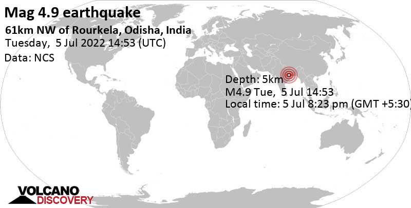 Magnitud moderada.  Terremoto de 4,9 - 10,6 km al oeste de Simdega, Jharkhand, India, el martes 5 de julio de 2022 a las 20:23 (GMT +5:30)