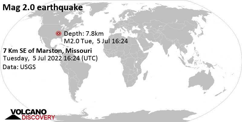 Minor mag. 2.0 earthquake - 7 Km SE of Marston, Missouri, on Tuesday, Jul 5, 2022 at 11:24 am (GMT -5)