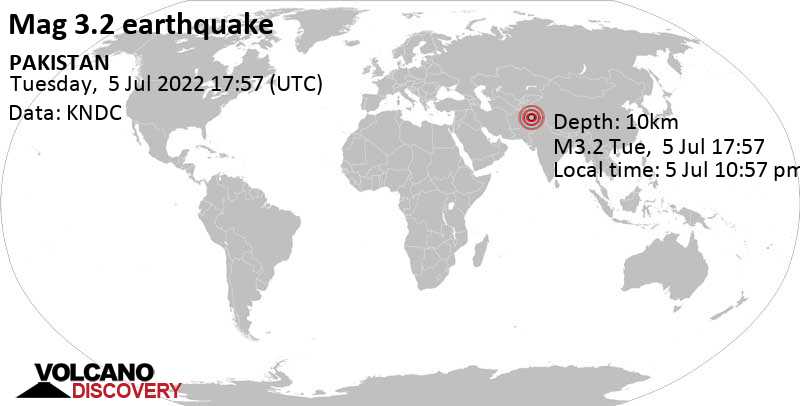 Séisme faible mag. 3.2 - 16 km au sud-est de Nowshera Cantonment, Pakistan, mardi,  5 juil. 2022 22:57 (GMT +5)