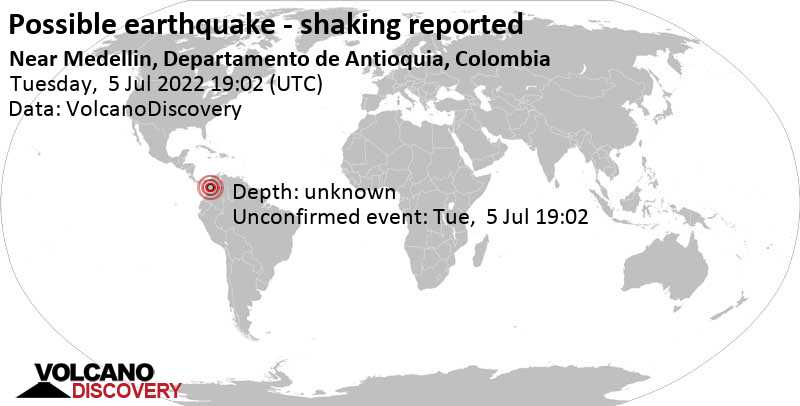 Reported quake or seismic-like event: 3 km southwest of Medellin, Antioquia, Colombia, Tuesday, Jul 5, 2022 at 2:02 pm (GMT -5)
