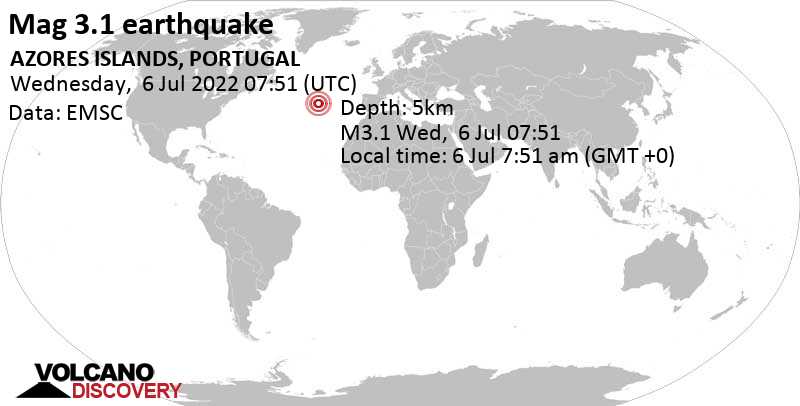 Leichtes Erdbeben der Stärke 3.1 - North Atlantic Ocean, 121 km östlich von Lajes das Flores, Azoren, Portugal, am Mittwoch,  6. Jul 2022 um 07:51 Lokalzeit