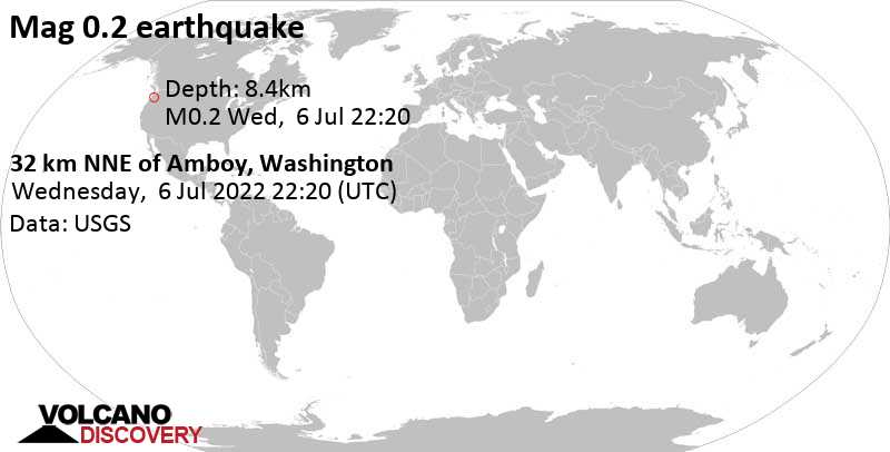 Незначительное землетрясение маг. 0.2 - 32 Km NNE of Amboy, Washington, Среда,  6 июл 2022 15:20 (GMT -7)
