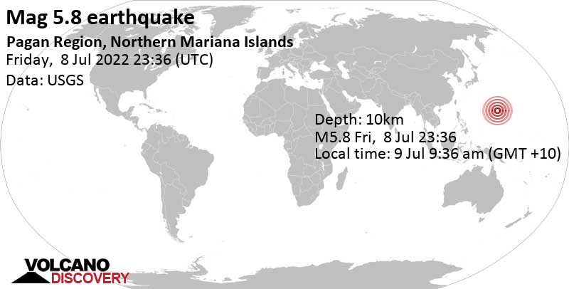 Strong mag. 5.8 earthquake - North Pacific Ocean, 154 km northeast of Pagan Village, Northern Mariana Islands, on Saturday, Jul 9, 2022 at 9:36 am (GMT +10)